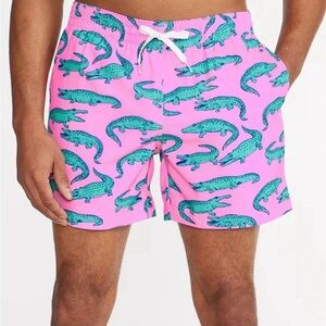 Chubbies Pink Swim Trunks with Green Alligator Print